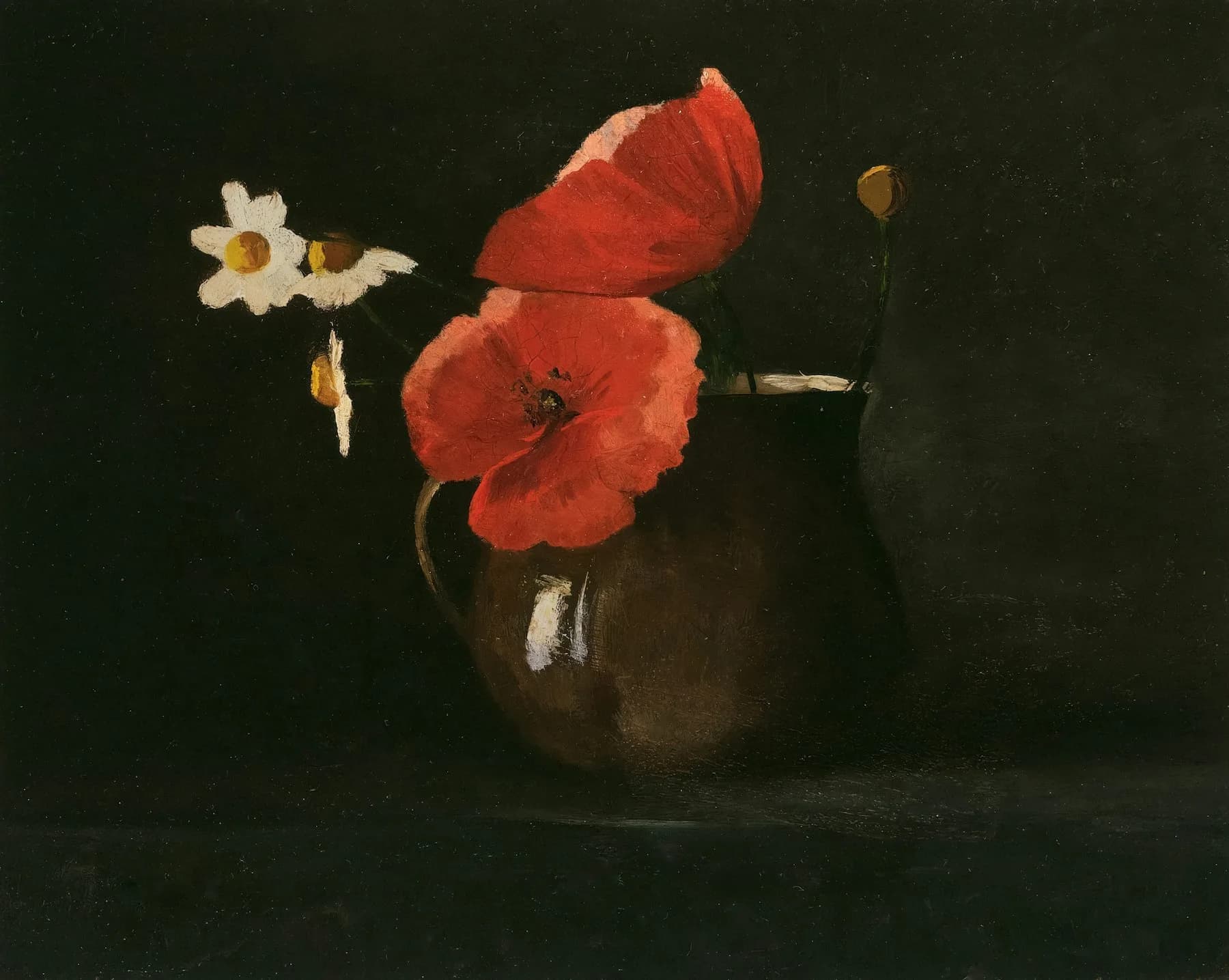 Archival oil painting of red and white flowers in deep crimson tones