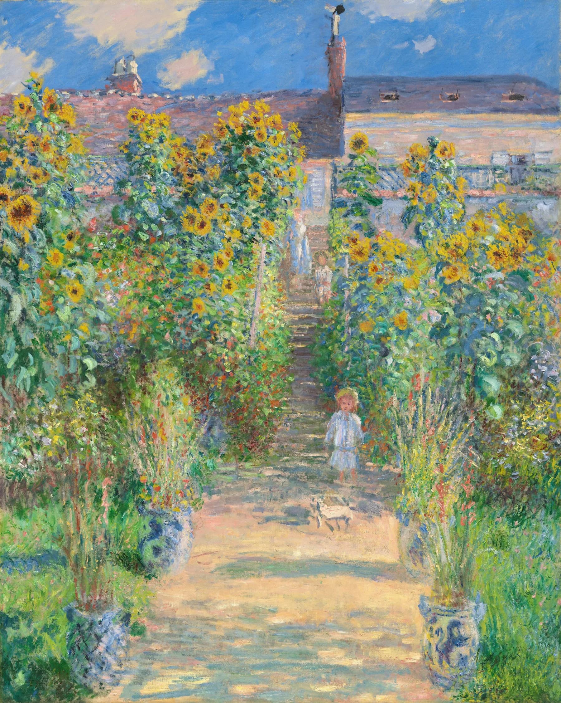 Dreamy impressionist garden scene with vivid florals and blue sky