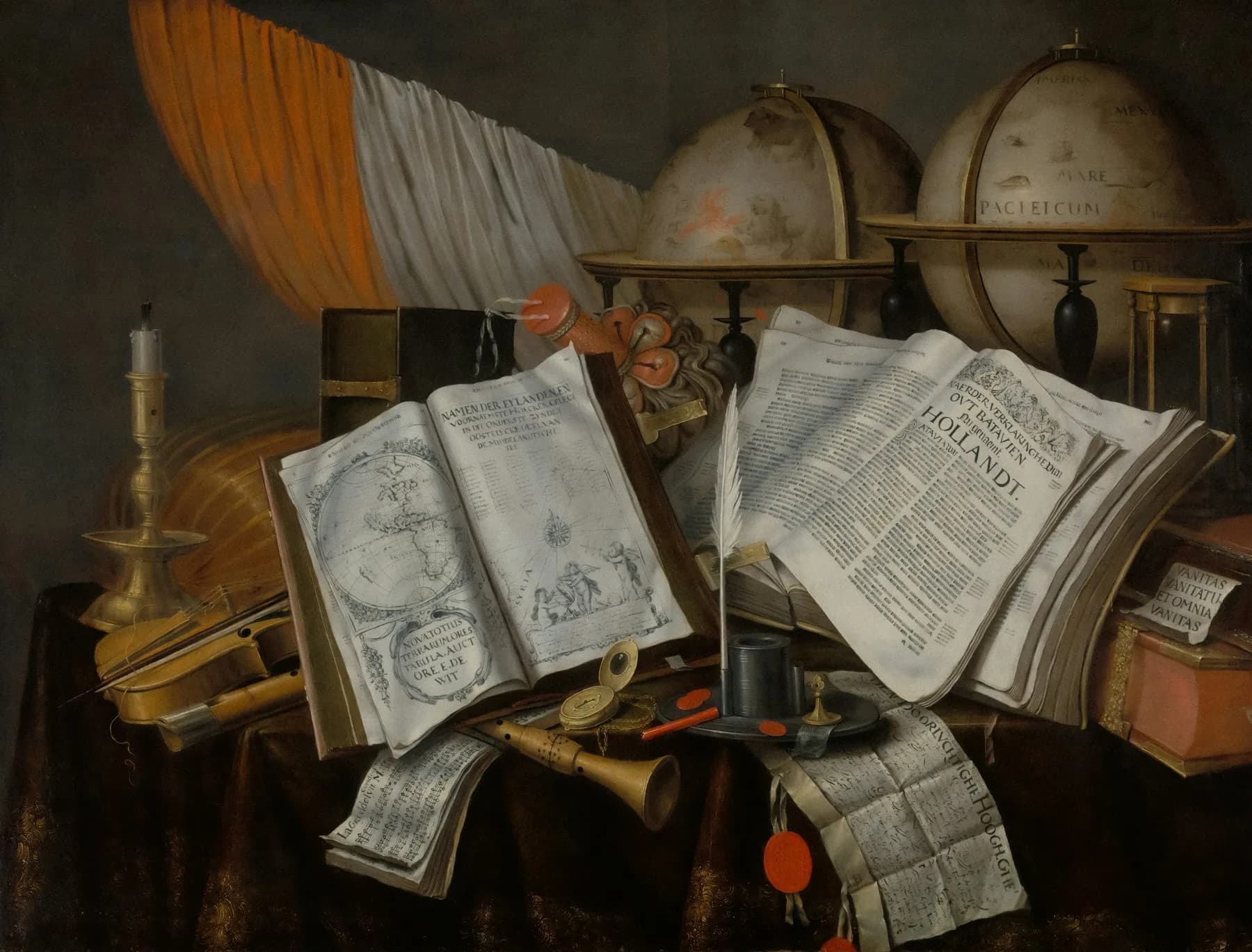 Dutch vanitas still life with books and writing objects